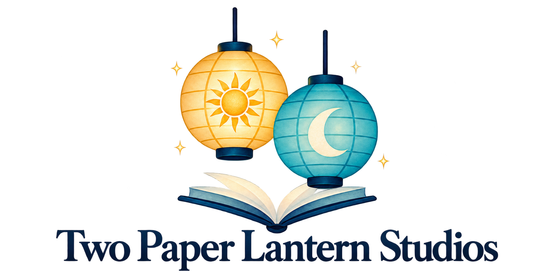 Two Paper Lantern Studios — sun and moon lanterns above an open book with five gold stars